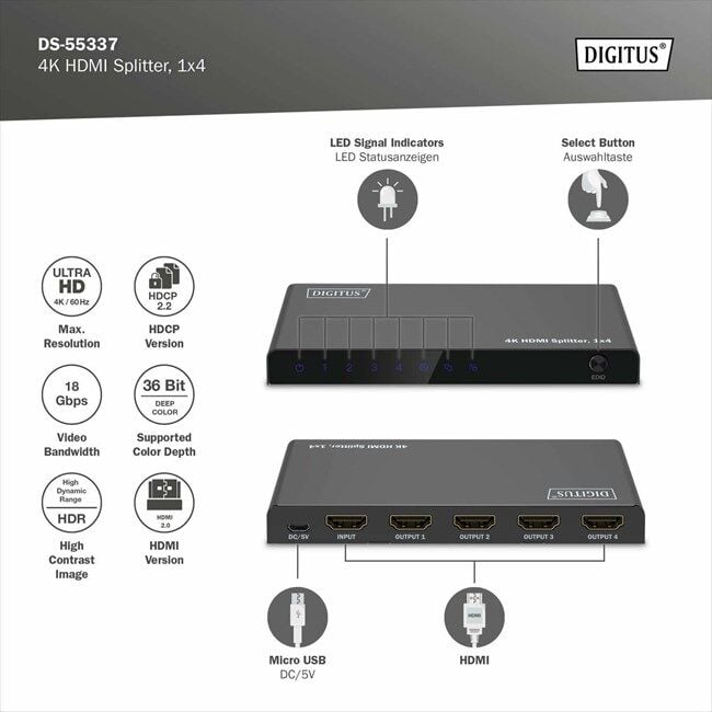 Digitus HDMI Çoklayıcı (1 Giriş 4 Çıkış)